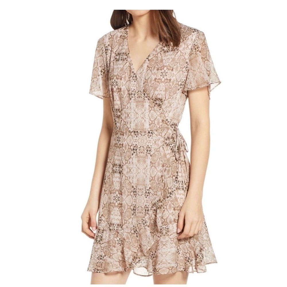 All in Favor REVOLVE Brown Snakeskin Print Ruffle Wrap Mini Dress Small